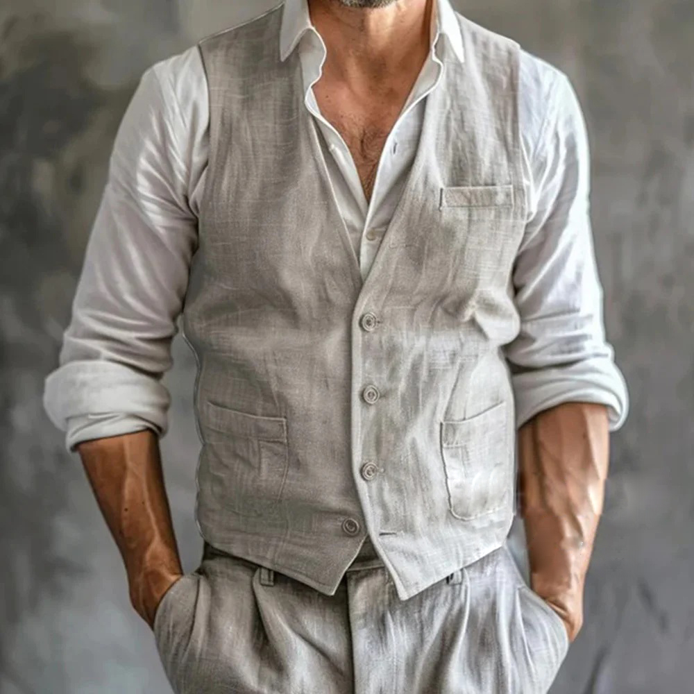 Formal Waistcoat Vest - ผู้ชายผ้าลินินฤดูร้อนชาย GILET คุณภาพสูงสีเทา Cool Breathable พร้อมกระเป๋าอย่างเป็นทางการ