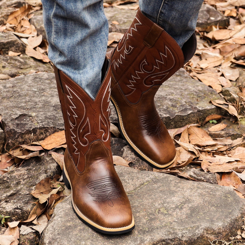 Mens Fashion Zapatos - รองเท้าบูทแฟชั่นผู้ชายผู้หญิงแบบหุ้มข้อกลาง ทำมือ สไตล์เรโทร รองเท้าคาวบอยตะวันตก รองเท้าลำลอง รองเท้าผ้าใบ