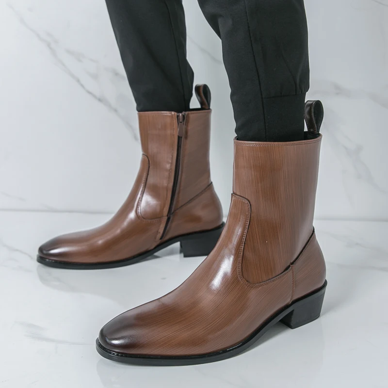 Mens Fashion Zapatos - รองเท้าบูทหุ้มข้อคลาสสิก สวมใส่สบาย รองเท้าบูทแฟชั่นผู้ชาย รองเท้าหนังลำลองแบบเชลซี ดีไซน์ใหม่ รองเท้าหุ้มข้อสูง