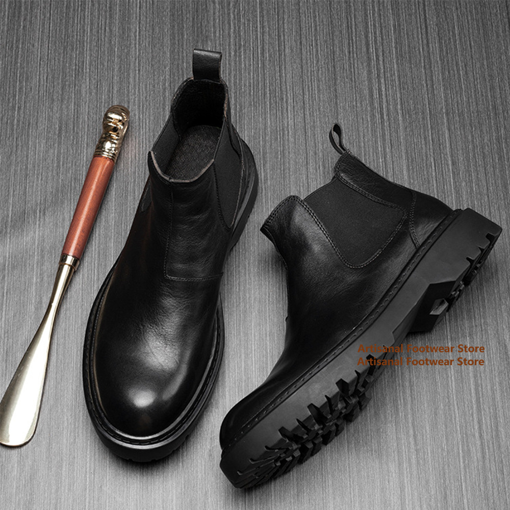 Chelsea Boots Men - รองเท้าบูทเชลซีพื้นหนา หนังสีดำ แถบยางยืด รองเท้าบูทผู้ชาย สไตล์อังกฤษ รองเท้าบูทผู้ชายทรงสูง