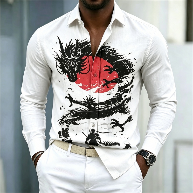 Men Fashion Upper - เสื้อเชิ้ตผู้ชายลายมังกรสีขาวดำแดงตัดกัน รุ่นใหม่ปี 2026 สไตล์สตรีทแฟชั่นลำลองธุรกิจ แขนยาว เสื้อผ้าผู้ชาย