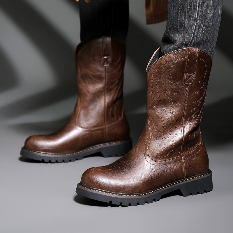 Mens Fashion Zapatos - รองเท้าบูทคาวบอยผู้ชายแฟชั่น รองเท้าบูทอัศวินปักลายวินเทจ รองเท้าบูทหิมะผู้ชายสำหรับฤดูหนาว รองเท้าบูทมอเตอร์ไซค์ รองเท้าผู้ชาย รองเท้าผู้หญิง