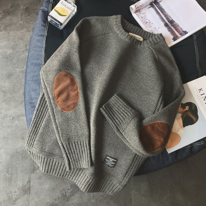 Knitted Cardigan Men - KIDWHXR 2026 เสื้อสเวตเตอร์ผู้ชายฤดูใบไม้ร่วงและฤดูหนาว สไตล์วินเทจ แพทช์เวิร์ค คอกลม