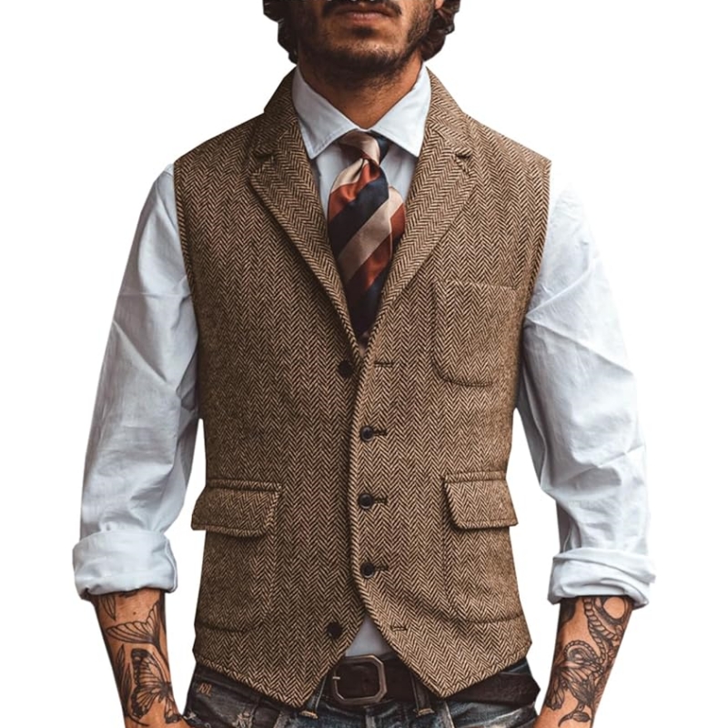 Formal Waistcoat Vest - เสื้อกั๊กสูทผู้ชายคอวีแบบใหม่ สไตล์ลำลอง คลาสสิก สำหรับงานทางการ ธุรกิจ ลายก้างปลา