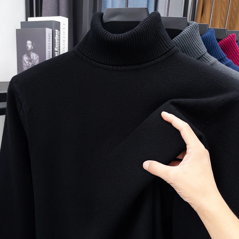 Knitted Cardigan Men - เสื้อสเวตเตอร์คอเต่าถักคุณภาพสูงสำหรับผู้ชาย ทรงเข้ารูป แขนยาว ป้องกันขนร่วง สีพื้น แฟชั่นสตรีทแวร์สำหรับผู้ชาย