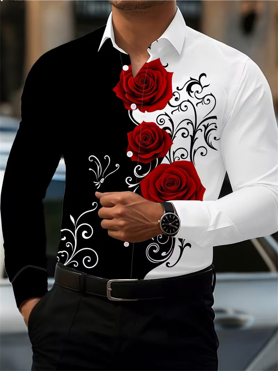 Men Fashion Upper - เสื้อเชิ้ตแขนยาวพิมพ์ลายดอกกุหลาบสีแดงสำหรับผู้ชาย ทันสมัยและลำลอง