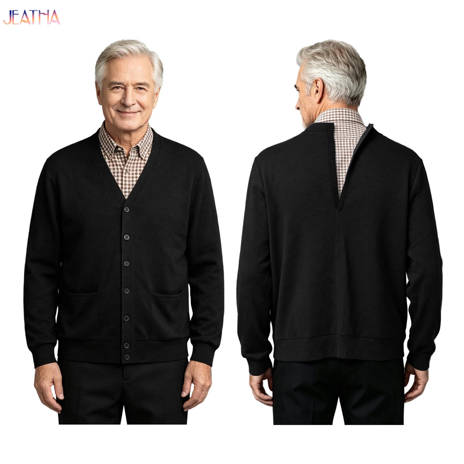 Knitted Cardigan Men - เสื้อคาร์ดิแกนสำหรับผู้สูงอายุและผู้พิการ เสื้อผ้าสำหรับผู้มีความต้องการพิเศษ เสื้อถักแขนยาวคอวีติดกระดุมสำหรับฤดูใบไม้ผลิ