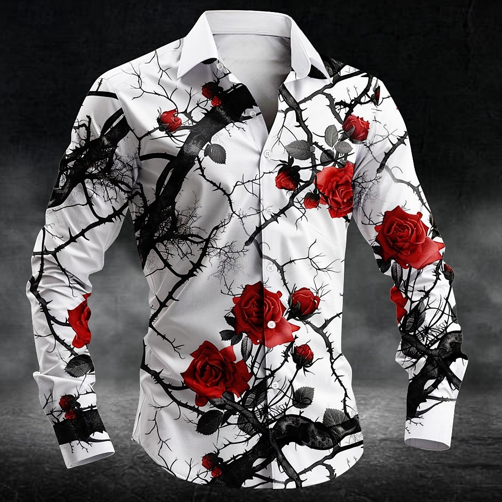 Men Fashion Upper - เสื้อเชิ้ตลายดอกพลัมแฟชั่น พิมพ์ลาย 3 มิติ แขนยาวสำหรับผู้ชาย เสื้อเชิ้ตศิลปะ