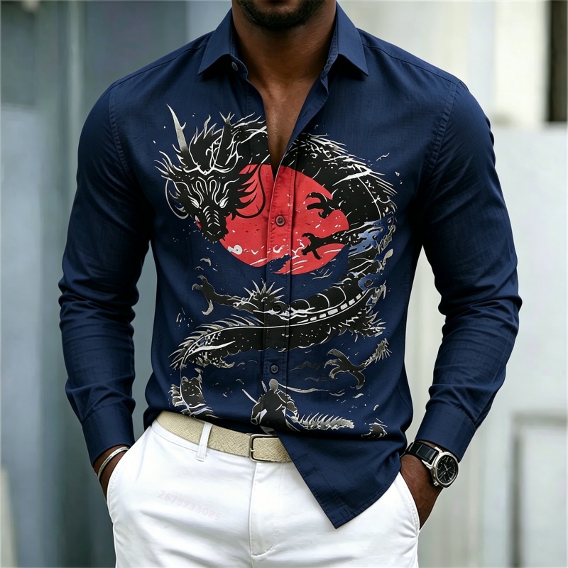 เสื้อเชิ้ตผู้ชายลายมังกรสีขาวด - Men Fashion Upper บทวิจารณ์และราคา